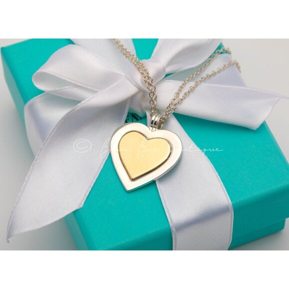 Tiffany & Co. Vintage Necklace Double Gold Silver Heart Pendant 32mm 16" Chain - Picture 1 of 8